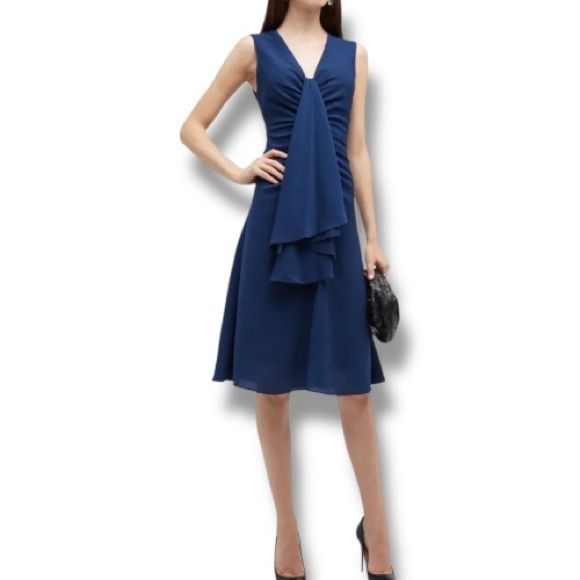 Black Halo Kenji Ruffle Draped V-Neck A-Line Dress Blue Size 2 NWT